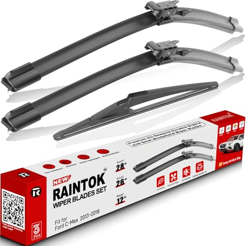 RAINTOK Windshield Wiper Blades Replacement for Ford C-Max Cmax 2013 2014 2015 2016 2017 2018 Original Factory Quality Front Rear Wipers Blade Set for My Car - 28 26 12 (Pack of 3)