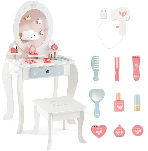 COSTWAY Sminkbord för barn, 2 i 1 toalettbord, trä med pall, avtagbar spegel, lådor och tillbehör, sminkbord prinsessa för barn från 3 år