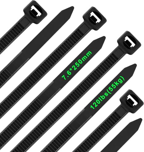 Viuxule 100pcs Cable Ties Heavy Duty, 250mm×7.6mm Thick Long Tie Wraps UV Resistant with 120 lbs Tensile Strength, 10 inch Strong Nylon Plastic Self Locking Black Zip Tie for Indoor and Outdoor