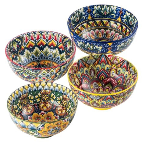 Henten Home Tazones de Consomé, Juegos de Cuencos - 360 ml, Cuenco de Cerámica para Helado, Arroz, Postre, Cuenco Coloridos para Servir, 4 Unidades - Estilo Bohemio