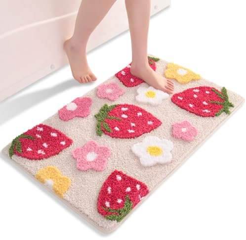 QJHOMO Beige Badezimmerteppich Erdbeer Badematte rutschfest Waschbar Badteppich Bunt Badvorleger Weiche Mikrofaser Duschvorleger Absorbierende Badezimmer Teppich 45 x 65 cm