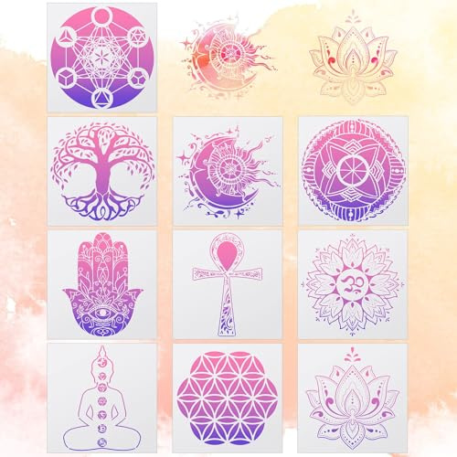 SoulQool Lot de 10 Pochoirs de Géométrie Sacrée 15,2 cm - Yoga, Lotus, Chakra Om, Fleur de Vie, Mandala, Main de Fatima, Soleil, Lune - Symboles Spirituels pour Méditation
