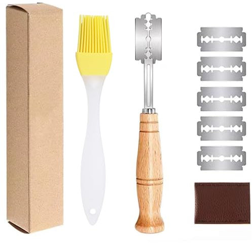 Bkemkri 1 PCS Lama Pane Coltello da Pane con 5 Lamette Acciaio Inossidabile e 1 Custodia Protettiva e 1 Pennello per Olio al Silicone, Maniglia in Legno Bread Lame, Intagliare Modelli di Pane Crudo
