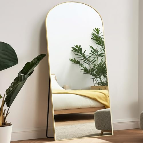 Melodieux Välvd, hellång, stor golvspegel med stativ, 180 x 76 cm, stor fristående helkroppsspegel, guldram, sminkspegel, hängande, lutande spegel, väggmonterad, för sovrum, vardagsrum