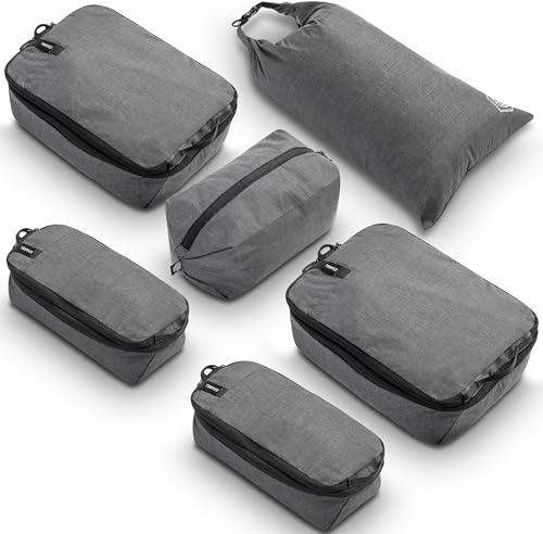 TRIPPED – Lot de 6 cubes d'emballage de compression pour voyage avec sac à linge et à chaussures, sacs de rangement de voyage peu encombrants pour valise et bagage à main (gris)