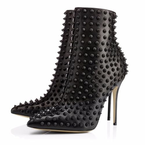 Stivaletti con Tacco a Spillo Borchie da Donna Sexy con Punta affilata Cerniera Laterale Tacchi Alti Stivaletti alla Moda in Pelle per Abito da Ballo Festa Stivaletti Corti,Nero,40 EU