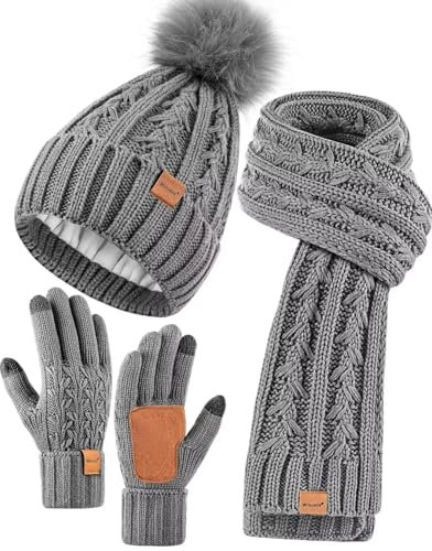 Winuesa Ladies Winter Beanie Hat with Pom Pom, Fleece Lined Warm Bobble Hat, Touchscreen Gloves, Scarf Neck Warmer 3 in 1 Cold Weather Gift Set (Grey)