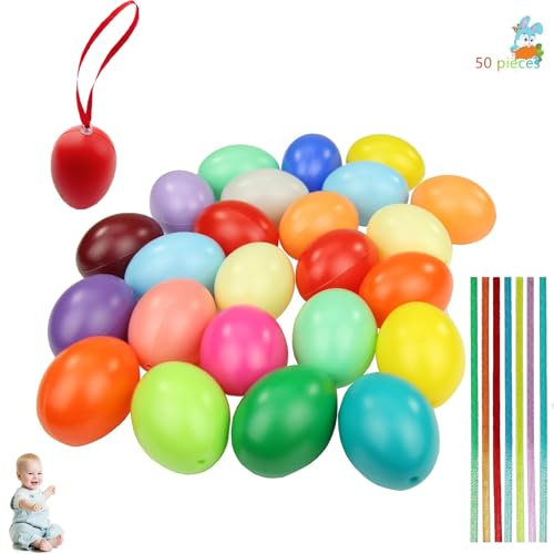 HOUSN 50pcs Ostereier zum Aufhängen, Bunte Osterdeko Eier mit Hängeseil für Innen und Außendekoration, 6cm Plastik Easter Eggs zum Aufhängen & Dekorieren, Ostereier zum Aufhängen Garten Dekoration