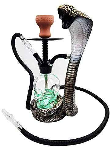 SETSCZY Hookah Set LED Shisha Complete Set Single Hose Clay Bowl Cobra-Shape Kit Skull-Shape Glass Big Smoke with Silicone Hookah Bowl and Colorful LED Light Vase for Better Shisha Smoking Experience