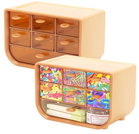 GAESHOW 2 Pièces tour de Rangement Plastique, Petits Tiroirs de Rangement avec 7 Tiroirs, Petits Tiroirs de Rangement pour Fournitures de Bureau, Bijoux, Cosmétiques (Marron)