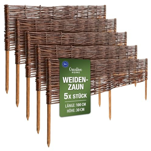 Creative Home Set di 5 Recinzioni in Vimini | 100 x 30 cm (+/- 1 cm) | Staccionate da Giardino per Delimitare Aiuole | Bordo Prato | Recinzione Decorativa | Ideale per il Giardino