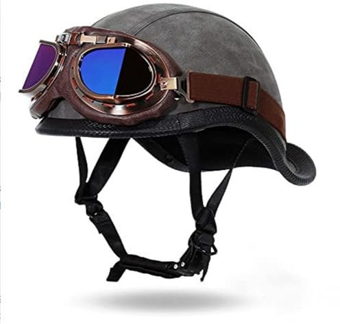 Vintage Nostalgia moto metà casco con visiera solare PU Open Skull Cap indietro metà Shell caschi adatto DOT per gli uomini e le donne adulti Dirt Bike Cruiser Scooter equitazione Grigio XXL
