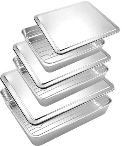 Funnymoom 3 Sets Stainless Steel Roasting Pans with Lids, Baking Pan for Oven with 3 Pcs Flat Racks, Heavy Duty, Dishwasher Safe Rectangular Lasagna Pan with Handles for Turkey Chicken