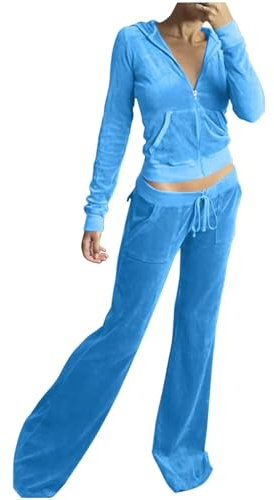 Fccrian Conjuntos de chándal de terciopelo para mujer de 2 piezas, chaqueta con capucha de manga larga con cremallera, pantalones de pierna ancha, traje casual Y2K para mujer, azul celeste, XXL
