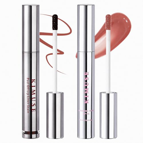 KIMUSE Lip Stain Peel Off & Lip Oli Set,Lápiz de Contorno de Labios Extraíble - Delineador Mate Impermeable de Larga Duración, Aceite Labial Hidratante con Vitamina E y Aceite de Jojoba