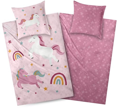 Aminata kids Biancheria da letto in flanella, 135 x 200 cm, motivo unicorno arcobaleno, per bambini e bambine, in cotone, con chiusura lampo YKK, calda, morbida e morbida, motivo animali di flanella