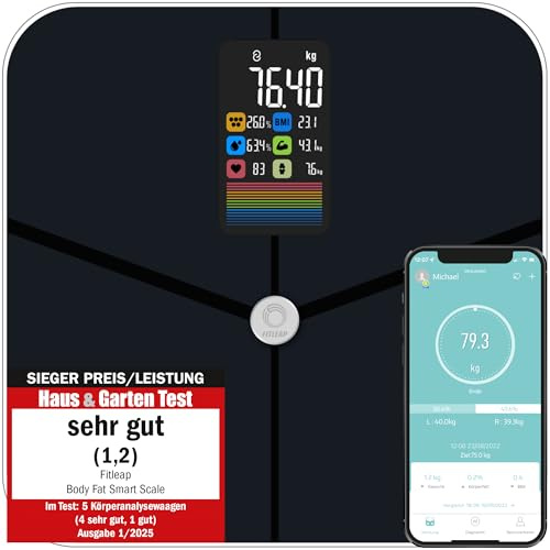 Fitleap Körperfettwaage mit Körperfettanalyse, digitale Bluetooth Personenwaage mit App-Funktion, Waage mit Körperzusammensetzungsfunktion