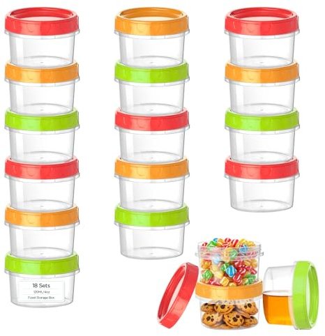 VINATO 18Pcs Contenitori per Alimenti Plastica, 120ml Contenitore per Congelare Alimenti con Tappo Contenitori Piccoli da Congelatore, Impilabili