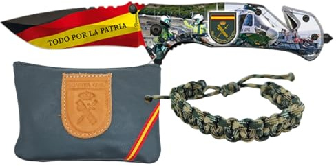 TORO SURVIVAL Navaja Guardia Civil Todo Por La Patria + Monedero De Piel Artesanal + Pulsera Paracord Ajustable | Hoja Acero 3Cr13MoV | Corta Cinturón, Rompecristales y Mango Aluminio (Guardia Civil)