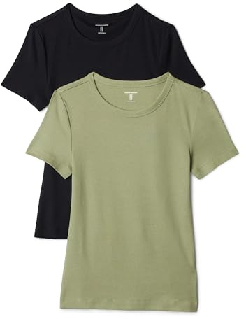 Amazon Essentials Women's 2-Pack Slim-Fit Short-Sleeve Crewneck T-Shirt, Black/Olive, Large