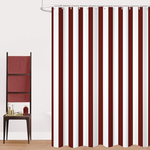 GCIREC Tenda Doccia, 180x200cm, Rosso Scuro e Bianco Minimalismo Moderno Strisce Verticali Impermeabile Tessuto Macchina Lavabile Tenda da Bagno con Ganci