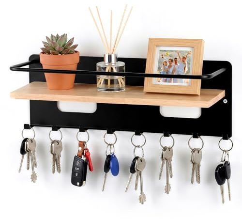 LLCS® Schlüsselbrett mit Ablage, Holz Schlüsselboard, Schwarz Schlüsselhalter Wand, Schlüsselablage Wand mit 8 Schlüsselhaken, Metall und Holz Schlüsselbrett für Eingang, Flur, Wohnzimme