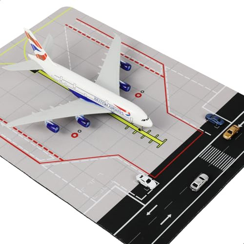 QIYUMOKE 1/300 brittisk A380 flygplansmodell med gummiflygplatsmatta och 5 bilar för Diecast metall flygplansmodellbyggsats för vuxna samlarobjekt, miniatyr flygplats scen (matta: 25 × 35 cm)