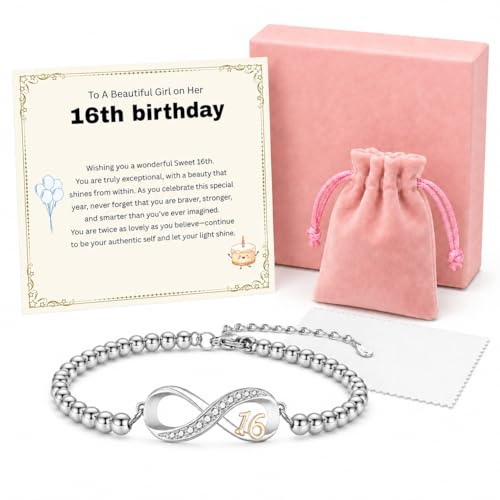 16th Birthday Gifts Girl, Bracelet With Card And Box, Sweet 16 Year Old,Unusual Presents Ideas For Sixteen Teenage Keepsake, Cute Stuff For Teen Girl, For Granddaughter, Teenager Daughter, Niece