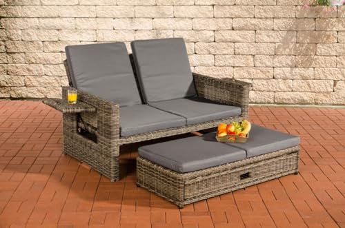 CLP Polyrattan 2er-Loungesofa Ancona 5mm I Rundrattan Garten-Sofa Mit Ausziehbarem Fußteil Und Verstellbarer Rückenlehne I, Farbe:grau-meliert, Polsterfarbe:Eisengrau