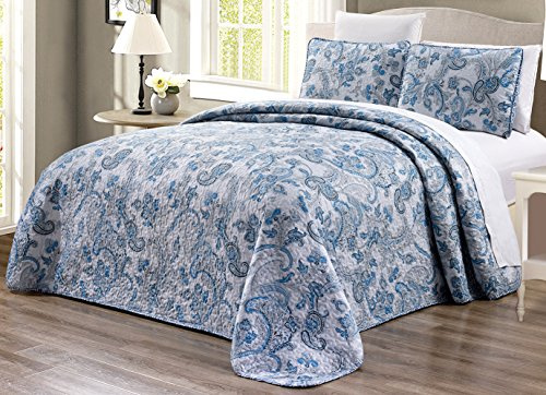 Grand Linen 3-Piece Oversize (115 X 95) Fine Printed Prewashed All-Season Quilt Set Reversible Bedspread Coverlet King Size Bed Cover (Grey, Black, White, Blue, Paisley)