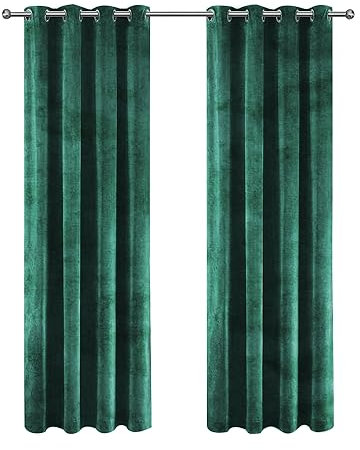 Aspire Homeware Emerald Green Eyelet Curtains 66x54 (2 Panels) with Tie Backs - Fully Lined Velvet Curtains for Bedroom, Window Curtain for Living Room (168cm x 137cm)