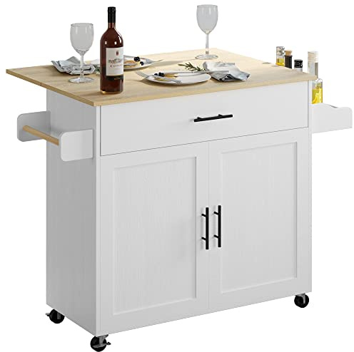 IRONCK Rolling Kitchen Island Table on Wheels with Drop Leaf, Storage Cabinet, Drawer, Spice/Towel Rack, Kitchen Cart, 47.25 Wide White