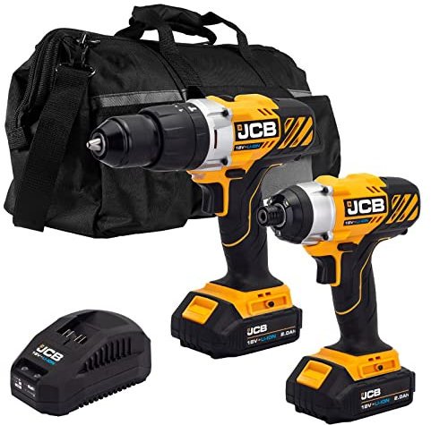 JCB 18V Twinpack Cordless Combi Drill and Impact Driver with 2x2.0Ah Lithium-ion Batteries, Fast Charger, Variable Speed & LED Light in 20 Kit Bag, 3 Year Warranty