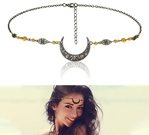 AZWOOD Boho Kopfkette Gold Braut Kopfschmuck Schwarz Perlen Stirnband Elfen Kopfschmuck Mond Kette Haarschmuck Festival Haarschmuck für Frauen und Mädchen