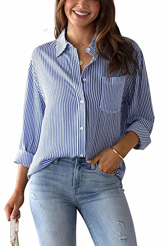 Striped Linen Blouse Women’s Long Sleeve Button Placket V-Neck Tunic Long Shirt Large Sizes Linen Tops T-Shirt Loose Elegant Pullover Blue