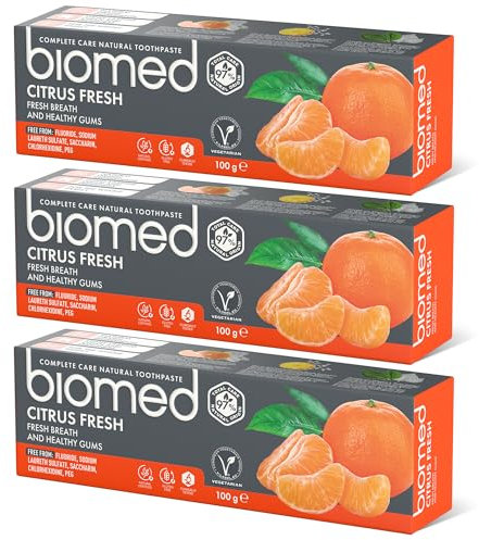 Biomed Citrus Fresh 97% Dentifricio naturale | Arancia, alito fresco, gengive sane | Oli essenziali di mandarino, pompelmo e limone, gusto frutta, vegetariano, privo di SLES 100 g (3х100 g)
