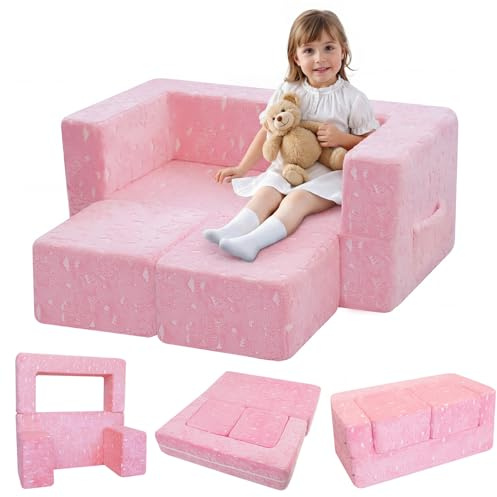 MeMoreCool Kids Sofa Bed, Toddler Armchair Couch, Glow Unicorn | Glow In The Dark, Kids Convertible Couch Lounger With Fold Out Baby Floor Chair Design For Bedroom Playroom, Pink