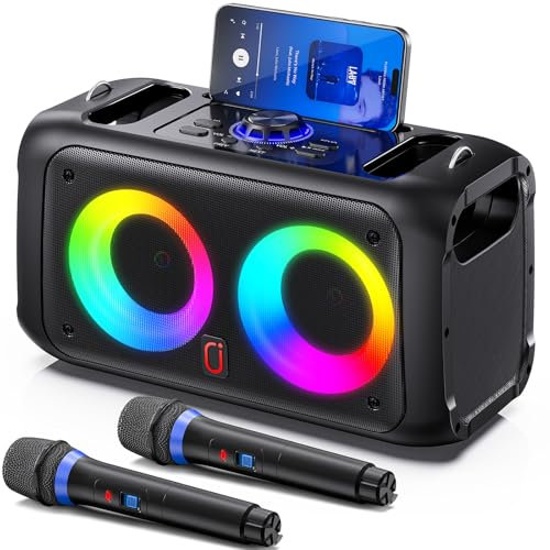 HWWR Máquina de karaoke para adultos y niños, altavoz Bluetooth con 2 micrófonos inalámbricos para cantar, sistema PA con sonido de alta fidelidad, subwoofers duales de 3 pulgadas, ajuste de eco