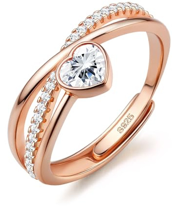 JeweBella Anillos Mujer Plata de Ley 925 Ajustable Corazón Estrella Circonita Cúbica Compromiso Boda Promesa Aniversario Regalo Plata Oro Rosa