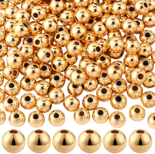 PONABEADIY 1 Box 200PCS 5MM Real 14K Gold Plated Spacer Beads with Holes Round Seamless Spacer Smooth Small Shiny Metal Loose Brass Ball Bead for Jewellery Making Bracelets Earrings Diy Craft Supply