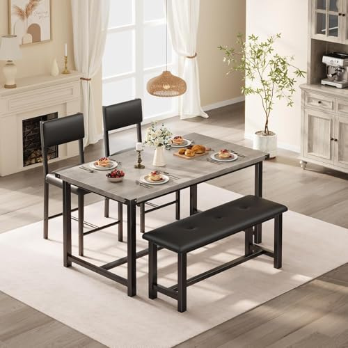 OPULENTHOME 4 st matbordsset, matbord med vadderade 2 stolar och bänkar, bordsstolar i trä för kök, lägenhet, robust ram, svart, 113 x 70 x 75 cm, grå