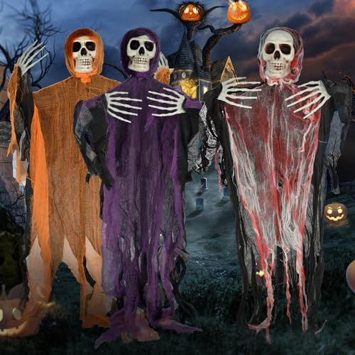 Halloween Decoration Exterieur,3 Pack 65cm Hängende Sensenmänner Deko, Outdoor Hängende Skelett Gespenst Dekorationen, für Beste Halloween Innen- und Außendekorationen, Horror Party