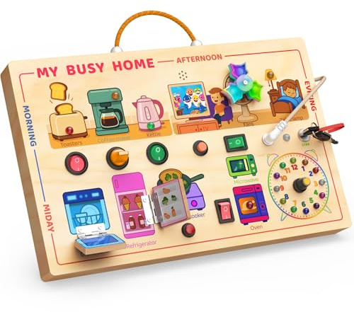 UdoUto My Busy Home Montessori Busy Board for Toddlers 1-3 - Wooden Sensory Activity Board with Kitchen Appliances, Switches, Clock | Educational Fine Motor Skill Toy for 1+ Year Old Boys Girls