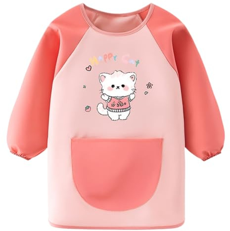 BAUCH Tablier Peinture Enfant 1 Pièce Tablier de Peinture pour Enfants Happy Cat Rose Taille 120（À porter lors de la peinture, pour enfants）