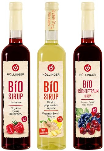 Höllinger Bio Sirop Set, 3 Bouteilles de 500ml, Framboise, Fruits Rouges et Gingembre, Ratio de Dilution 1:9, Sans Alcool