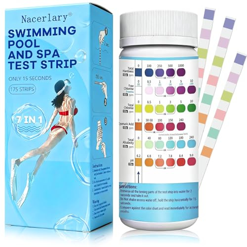 175 Tiras Prueba Agua 7 en 1 para Piscina, Spa y Jacuzzi, Test Rápido de pH, Cloro, Bromo, Alcalinidad y Dureza, Análisis Preciso del Agua con 175 Tiras Reactivas Incluidas