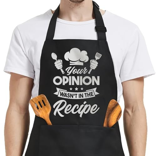 Tablier de cuisine amusant, tablier de cuisine pour barbecue, tablier de chef noir avec sangle de cou réglable, deux grandes poches, attaches extra longues, cadeaux d'anniversaire amusants pour homme