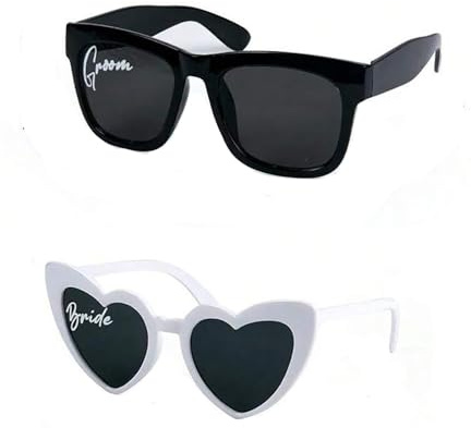BSLVWG Set di occhiali da sole a forma di cuore per sposa e sposo per il giorno del matrimonio, occhiali da sole bianchi, occhiali da sole a forma di cuore, regalo per addio al nubilato, accessori per