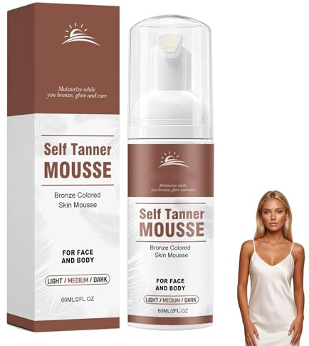 Självbrunnande mouss för ansikte och kropp, vårdande självbrun för en naturlig och fläckfri solbränna, brons, med kokosolja, aloe vera (1, 60 ml)