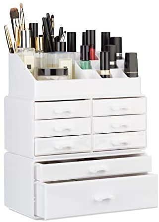 Relaxdays Make Up Organizer mit Schubladen, stapelbares Kosmetikregal f. Schmuck u. Make Up, Schminkaufbewahrung, weiß, 14 x 24 x 30 cm